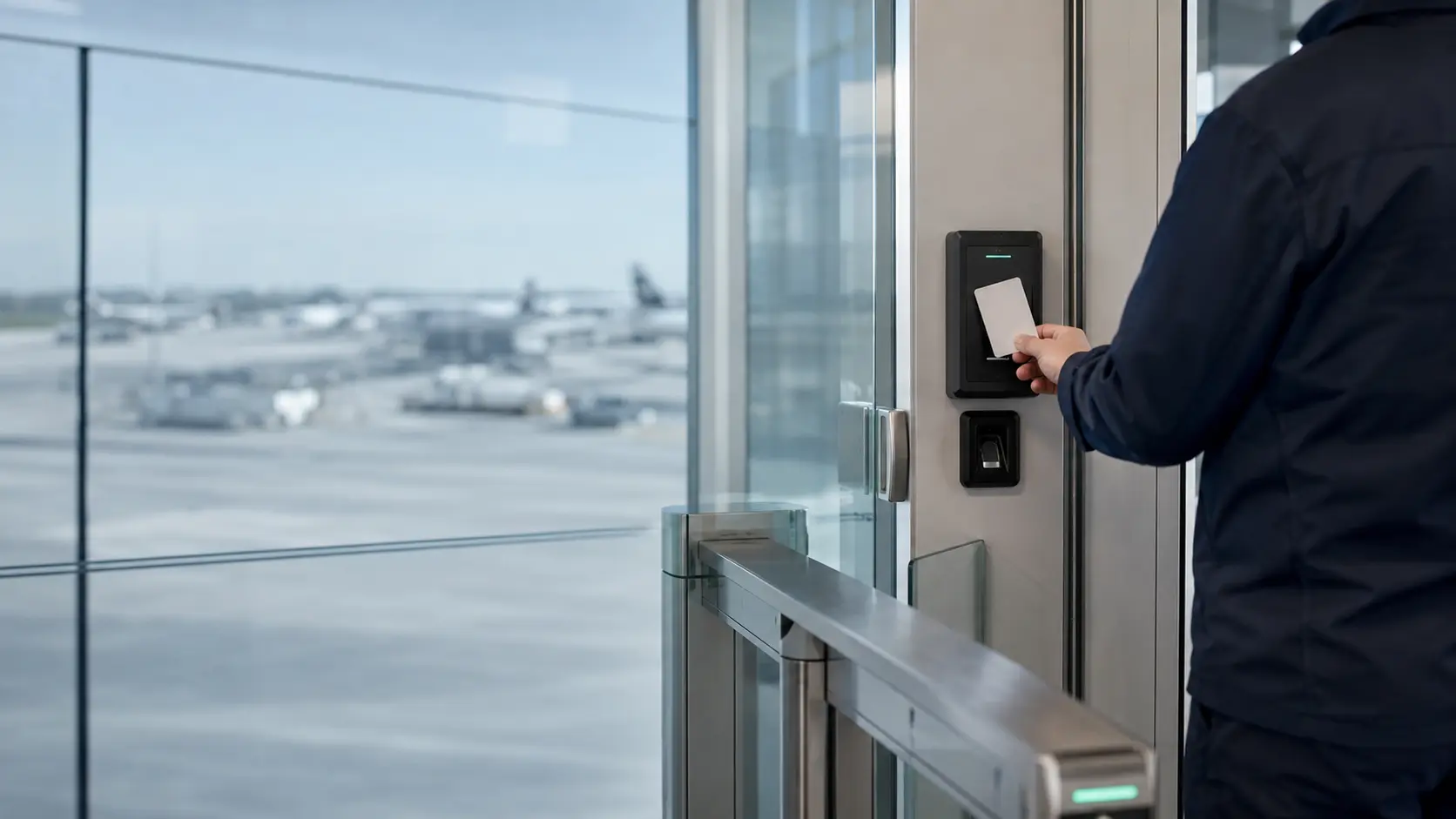 Control de acceso aeroportuario con credencial y lector, en una instalación no identificable